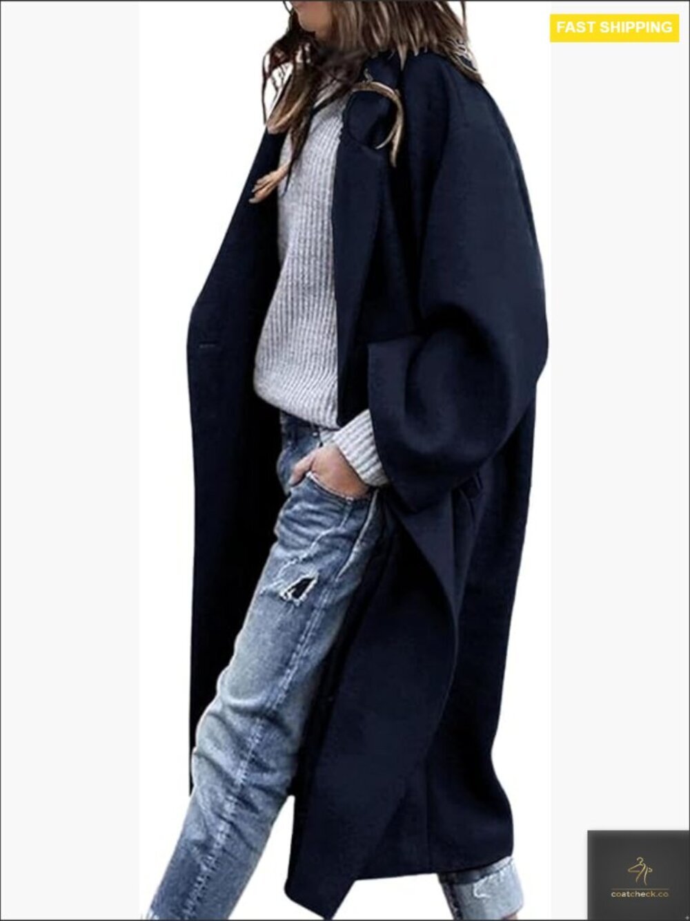 Wool Pea Coat Notch Lapel Oversized Classic Chic Winter Trench Coat